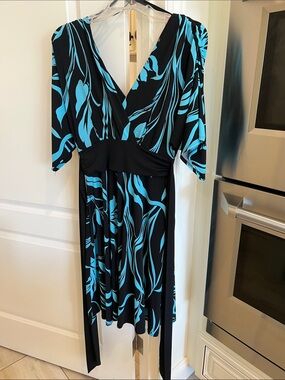 Roulette Black and Turquoise Abstract Wrap Dress